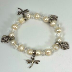 Unsigned Freshwater Pearl with Dragonfly and Cross Charm Stretch Bracelet